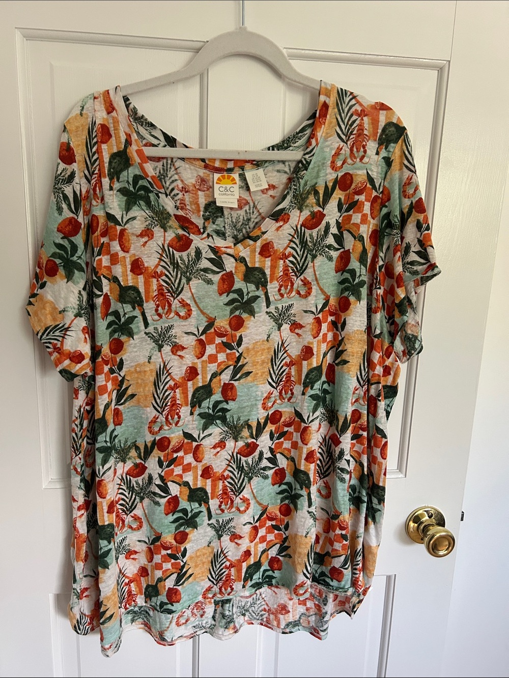 C&C California Novelty Tropical Print Linen V-Neck Short Sleeve Top Sz 3X